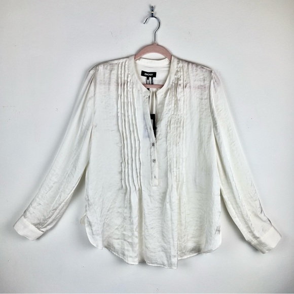 NWT DKNY Women Long Sleeve Blouse Ivory Sz S Button Down Shiny White Relaxed Fit - Picture 2 of 14
